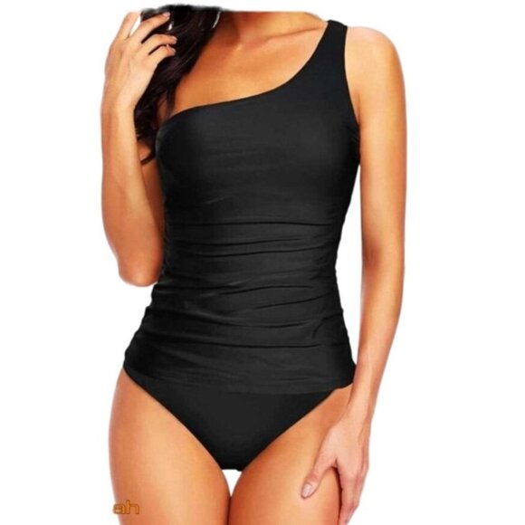 Tempt Me Womens One Shoulder Black Swimsuit Set Plus Size 20W Beach Pool - Picture 2 of 10